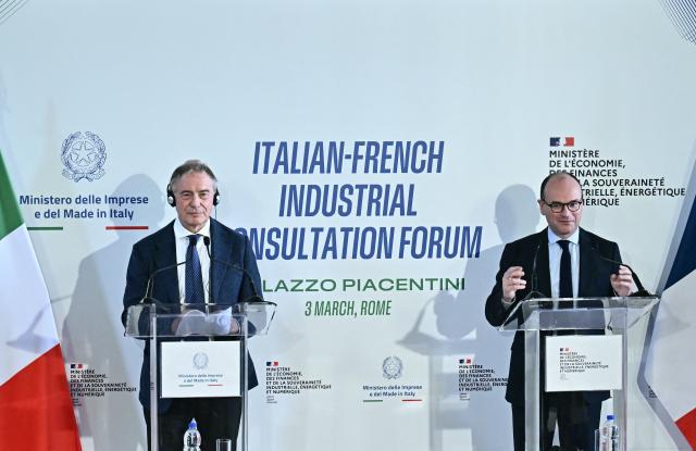 Italy's Minister of Enterprises and Made in Italy Adolfo Urso (L) and France’s junior Minister for industry Sebastien Martin attend a press conference in Rome on March 3, 2026. (Photo by Filippo MONTEFORTE / AFP)