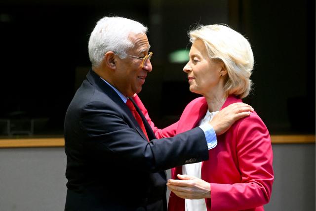European Commission President Ursula von der Leyen (R) greets European Council President Antonio Costa prior to an inter-institutional meeting at the European Council headquarters in Brussels on March 3, 2026. (Photo by Nicolas TUCAT / AFP)