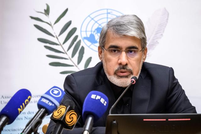 Iran's ambassador to the United Nations in Geneva, Ali Bahreini holds a press conference on the Middle East war, at the UN Offices in Geneva on March 3, 2026. (Photo by Fabrice COFFRINI / AFP)