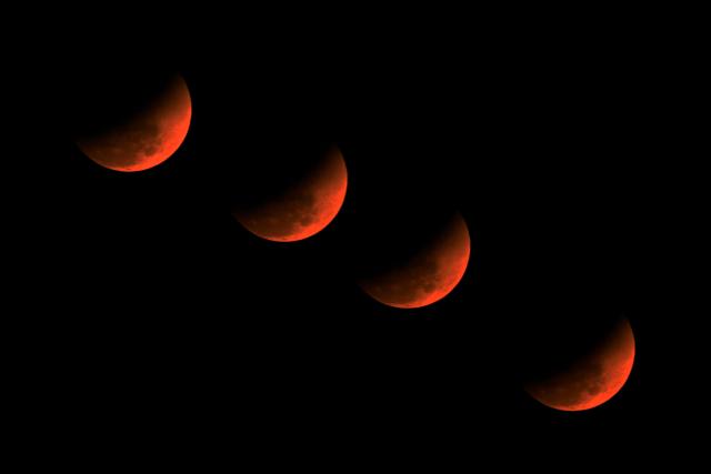 This multiple exposer picture shows the full moon also known as the "Blood Moon" during a total lunar eclipse, at Golaghat in Assam on March 3, 2026. (Photo by Biju BORO / AFP)