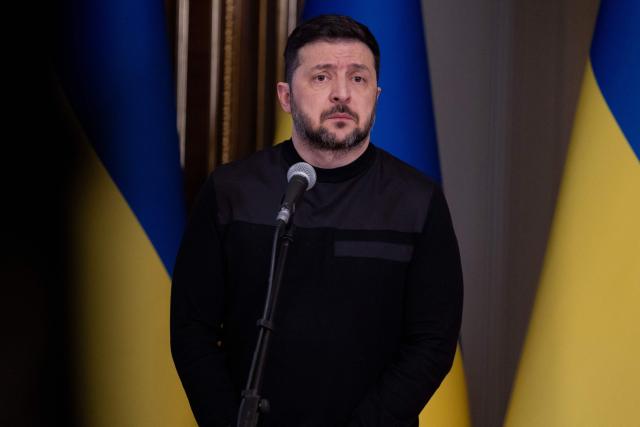 Ukraine's President Volodymyr Zelensky speaks during a press conference in Kyiv on March 3, 2026, amid the Russian invasion of Ukraine. (Photo by Tetiana DZHAFAROVA / AFP)