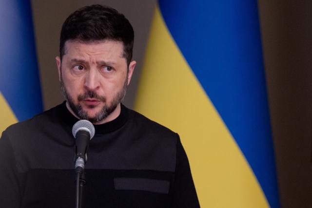 Ukraine's President Volodymyr Zelensky speaks during a press conference in Kyiv on March 3, 2026, amid the Russian invasion of Ukraine. (Photo by Tetiana DZHAFAROVA / AFP)