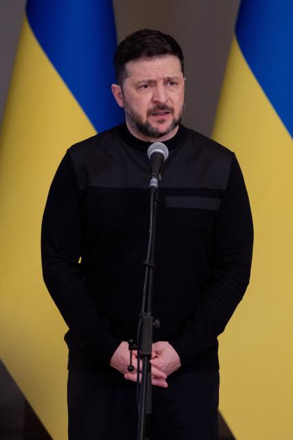 Ukraine's President Volodymyr Zelensky speaks during a press conference in Kyiv on March 3, 2026, amid the Russian invasion of Ukraine. (Photo by Tetiana DZHAFAROVA / AFP)