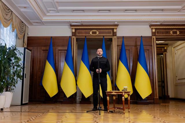 Ukraine's President Volodymyr Zelensky speaks during a press conference in Kyiv on March 3, 2026, amid the Russian invasion of Ukraine. (Photo by Tetiana DZHAFAROVA / AFP)