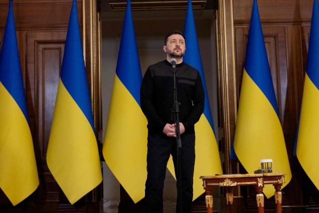 Ukraine's President Volodymyr Zelensky speaks during a press conference in Kyiv on March 3, 2026, amid the Russian invasion of Ukraine. (Photo by Tetiana DZHAFAROVA / AFP)