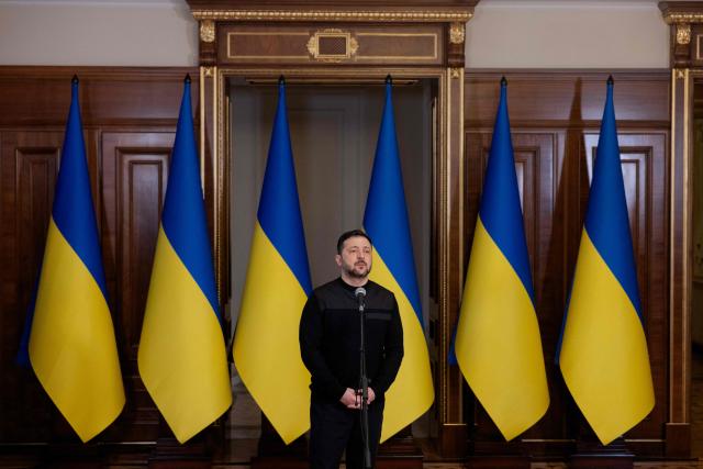 Ukraine's President Volodymyr Zelensky speaks during a press conference in Kyiv on March 3, 2026, amid the Russian invasion of Ukraine. (Photo by Tetiana DZHAFAROVA / AFP)