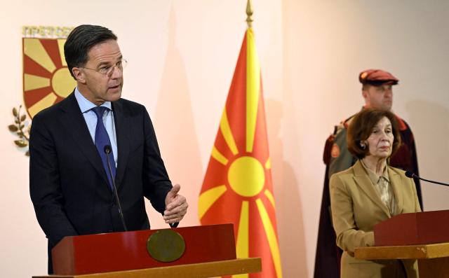NATO Secretary General Mark Rutte (L) speaks during a press conference with North Macedonia's President Gordana Siljanovska-Davkova following their meeting at the Presidential office in Skopje on March 3, 2026. (Photo by Robert ATANASOVSKI / AFP)