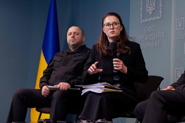 Ukrainian Prime Minister Yulia Svyrydenko (R) speaks during a press conference in Kyiv on March 3, 2026, amid the Russian invasion of Ukraine. (Photo by Tetiana DZHAFAROVA / AFP)