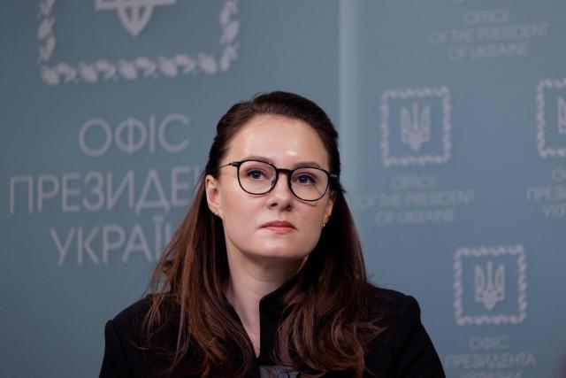 Ukrainian Prime Minister Yulia Svyrydenko looks on during a press conference in Kyiv on March 3, 2026, amid the Russian invasion of Ukraine. (Photo by Tetiana DZHAFAROVA / AFP)
