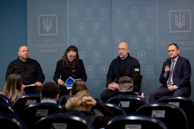 (L-R) Ukraine's Secretary of the National Security and Defence Council Rustem Umerov, Ukrainian Prime Minister Yulia Svyrydenko, Ukraine's Minister of Energy Denys Shmyhal and Deputy Prime Minister for Restoration of Ukraine and Minister for Communities and Territories Development of Ukraine Oleksiy Kuleba speak during a press conference in Kyiv on March 3, 2026, amid the Russian invasion of Ukraine. (Photo by Tetiana DZHAFAROVA / AFP)