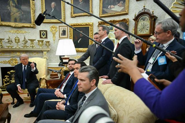 US President Donald Trump speaks during a meeting with German Chancellor Friedrich Merz in the Oval Office of the White House in Washington, DC on March 3, 2026. Chancellor Merz is the first European leader to visit President Trump since the United States and Israel launched their war against Iran. (Photo by ANDREW CABALLERO-REYNOLDS / AFP)