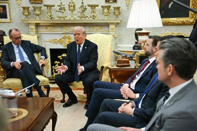 US President Donald Trump speaks during a meeting with German Chancellor Friedrich Merz in the Oval Office of the White House in Washington, DC on March 3, 2026. Chancellor Merz is the first European leader to visit President Trump since the United States and Israel launched their war against Iran. (Photo by ANDREW CABALLERO-REYNOLDS / AFP)