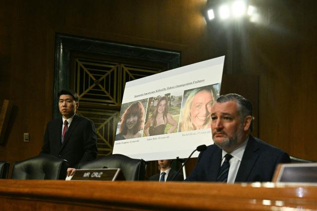 US Senator Ted Cruz (R-TX) looks on as US Homeland Security Secretary Kristi Noem testifies before a Senate Judiciary Committee hearing on Capitol Hill in Washington, DC, on March 3, 2026. (Photo by Jim WATSON / AFP)