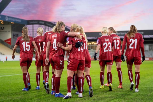 Denmark's midfielder #14 Sofie Bredgaard (C) celebrates scoring the opening goal with her teammates during the Women's World Cup 2027 Europe Zone Qualifiers football match Denmark vs Serbia at Horsens Stadium on March 3, 2026. (Photo by Bo Amstrup / Ritzau Scanpix / AFP) / Denmark OUT