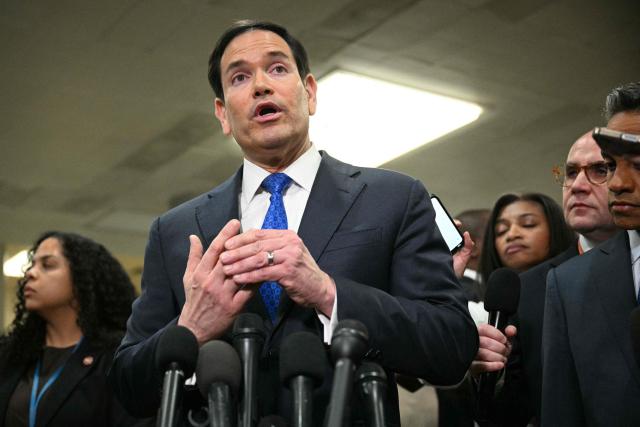 US Secretary of State Marco Rubio speaks to reporters as he arrives to brief Senators on US military action in Iran, at the US Capitol in Washington, DC on March 3, 2026. The United States hit hundreds of targets across Iran, and Israel expanded its bombing to Lebanon on Monday as President Donald Trump vowed to avenge the first US deaths in the war he launched to topple Tehran's ruling clerics. Iranian forces fired missiles and drones across the Middle East, killing people in Israel and the United Arab Emirates, in retaliation for the conflict that began February 28 with the death of Iran's supreme leader, Ayatollah Ali Khamenei. (Photo by Jim WATSON / AFP)