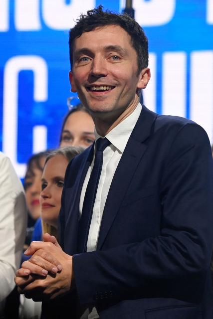 National Rally (RN)'s Nimes mayoral candidate Julien Sanchez reacts during a campaign meeting, ahead of France's upcoming municipal elections in Nimes, southern France on March 3, 2026. French voters head to the polls for municipal elections on March 15 and 22, 2026. (Photo by Sylvain THOMAS / AFP)