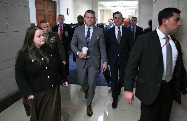 US Secretary of Defense Pete Hegseth leaves after briefing Senators on US military action in Iran, at the US Capitol in Washington, DC, on March 3, 2026. The United States hit hundreds of targets across Iran, and Israel expanded its bombing to Lebanon on Monday as President Donald Trump vowed to avenge the first US deaths in the war he launched to topple Tehran's ruling clerics. Iranian forces fired missiles and drones across the Middle East, killing people in Israel and the United Arab Emirates, in retaliation for the conflict that began February 28 with the death of Iran's supreme leader, Ayatollah Ali Khamenei. (Photo by Mandel NGAN / AFP)