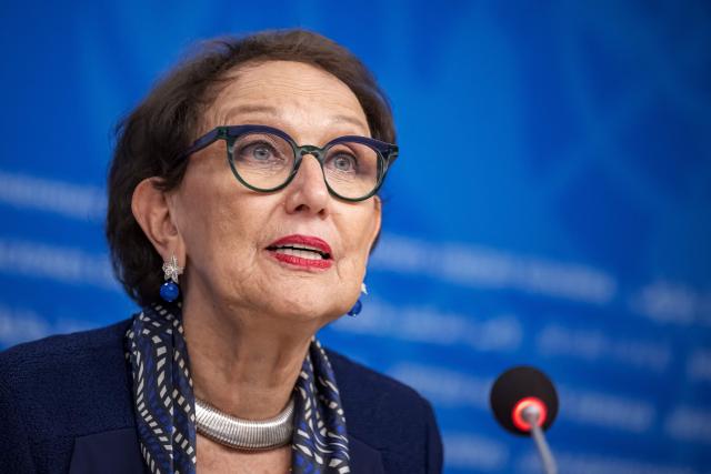 (FILES) United Nations Trade and Development (UNCTAD) secretary-general Rebeca Grynspan speaks during a press conference, part of the 16th United Nations Trade and Development (UNCTAD) ministerial conference, in Geneva on October 22, 2025. Former Costa Rican Vice President Rebeca Grynspan officially joined the race to become the first woman to head the United Nations Secretariat replacing Antonio Guterres, the Costa Rican government announced on March 3, 2026. She is competing with former Chilean President Michelle Bachelet, the director of the International Atomic Energy Agency (IAEA), Argentine Rafael Grossi, and former Senegalese President Macky Sall to take office next year. (Photo by Fabrice COFFRINI / AFP)