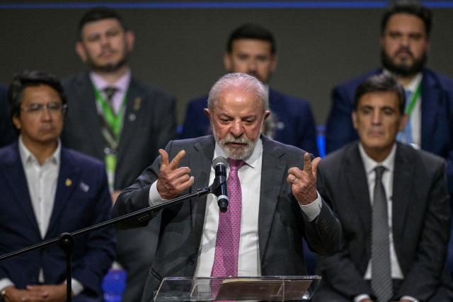 Brazil's President Luiz Inacio Lula da Silva speaks during the opening ceremony of the National Labor Conference in Sao Paulo, Brazil on March 3, 2026. (Photo by Nelson ALMEIDA / AFP)