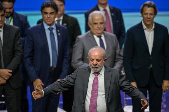 Brazil's President Luiz Inacio Lula da Silva gestures during the opening ceremony of the National Labor Conference in Sao Paulo, Brazil on March 3, 2026. (Photo by Nelson ALMEIDA / AFP)