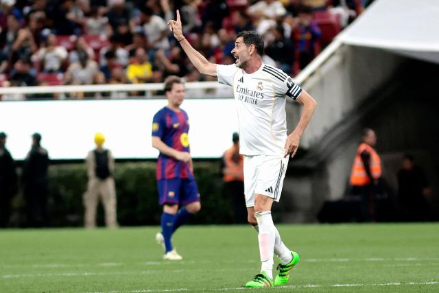 Real Madrid's Spanish defender Fernando Hierro celebrates scoring a goal during the exhibition friendly football match between Spain's Real Madrid Legends and Barcelona Legends at the Akron Stadium in Guadalajara, Mexico, on March 3, 2026. (Photo by Ulises Ruiz / AFP)