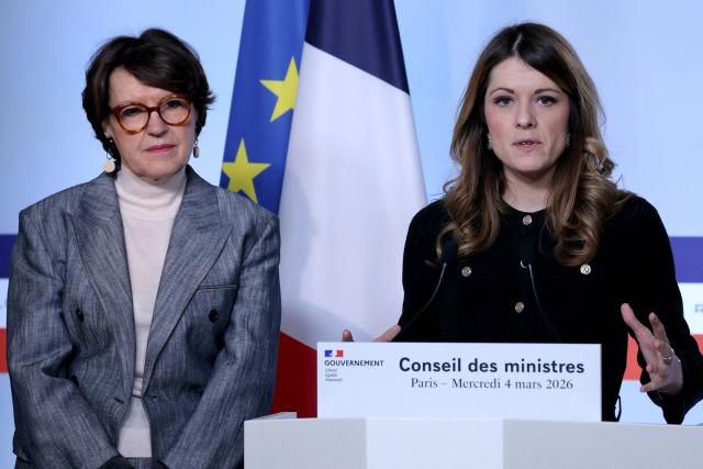 France's Agriculture Minister Annie Genevard (L) and France's Government Spokesperson Maud Bregeon attend a press conference following the weekly cabinet meeting at The Elysee Presidential Palace in Paris on March 4, 2026. (Photo by Thomas SAMSON / AFP)