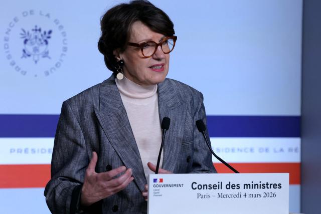 France's Agriculture Minister Annie Genevard speaks during a press conference following the weekly cabinet meeting at The Elysee Presidential Palace in Paris on March 4, 2026. (Photo by Thomas SAMSON / AFP)