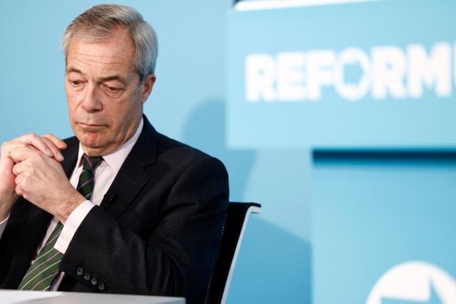 Reform UK's leader Nigel Farage attends a party press conference in central London on March 4, 2026. (Photo by Brook Mitchell / AFP)