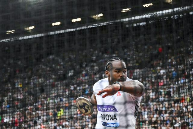 (FILES) Jamaica's Roje Stona competes in the Men's Discus Throw during the IAAF Diamond League athletics meeting, at the London stadium, in London, on July 19, 2025. Following its 64th place finish at the Paris 2024 Olympic Games with 101 athletes and no gold medals, the country's worst result at an Olympiad, Turkey has launched a vast recruitment campaign that has already seen eleven foreign athletes, including five Kenyan and Jamaican Olympic medalists, granted Turkish citizenship, ahead of the Los Angeles 2028 Olympics. (Photo by JUSTIN TALLIS / AFP)