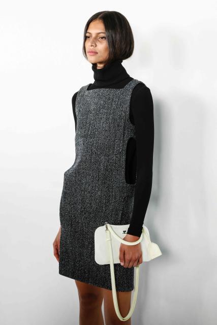 A model presents a creation for Courreges during the first look presentation for the Women's Ready to Wear Fall/Winter 2026-2027 collection fashion show as part of the Paris Women Fashion Week, in Paris, on March 4, 2026. (Photo by Alain JOCARD / AFP)