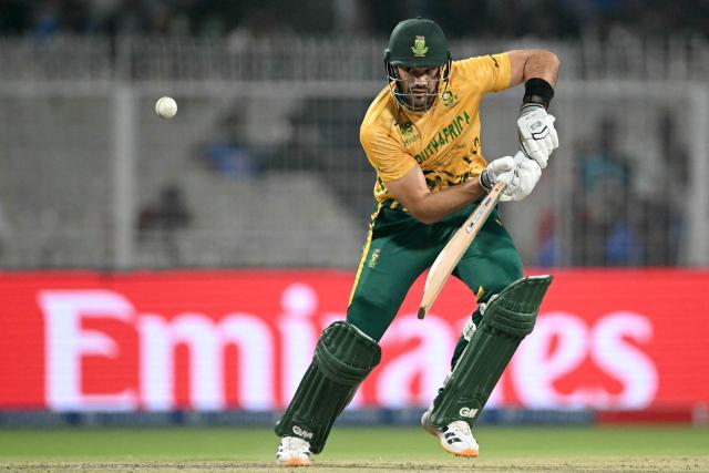 South Africa's captain Aiden Markram plays a shot during the 2026 ICC Men's T20 Cricket World Cup semi-final match between New Zealand and South Africa at the Eden Gardens in Kolkata on March 4, 2026. (Photo by Dibyangshu SARKAR / AFP)