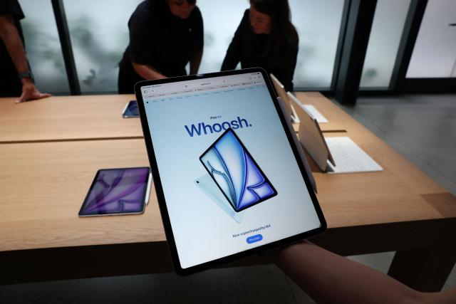 The newly released iPad Air is displayed during the "Special Apple Experience" launch event at the Apple Store in the Manhattan borough of New York City, on March 4, 2026. (Photo by TIMOTHY A. CLARY / AFP)