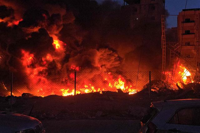 A blaze sweeps following Israeli bombardment on a solar farm and electricity generation facility in Lebanon's southern coastal city of Tyre on March 4, 2026. Israeli forces on March 4 advanced into a number of towns and villages in south Lebanon, a source from the UN peacekeeping force in the country, UNIFIL, told AFP. (Photo by KAWANT HAJU / AFP)