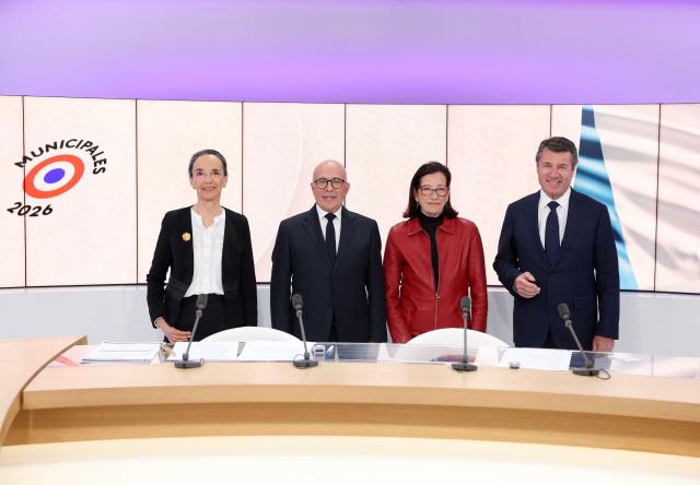 LtoR, Nice mayoral candidate for Europe Ecologie – Les Verts party, Socialist Party (PS), French Communist Party (PCF) and L’Apres Juliette Chesnel Le Roux, President of Union des Droites pour la Republique (UDR) parliamentary group president and Nice mayoral candidate Eric Ciotti, Nice mayoral candidate for La France Insoumise (LFI) m Citizen Movement ViVA! and NPA Mireille Damiano and French mayor of Nice and candidate for Horizons and Les Republicans  for his reelection Christian Estrosi pose ahead of a debate broadcasted by French TV channel France TV/LCI Provence-Alpes-Cфte-d'Azur between the main candidates for France's upcoming municipal elections in Nice, southeastern France on March 4, 2026. French voters head to the polls for municipal elections on March 15 and 22, 2026. (Photo by Valery HACHE / AFP)