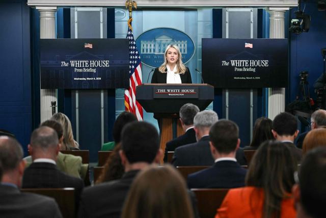 White House Press Secretary Karoline Leavitt speaks during a press briefing in the Brady Briefing Room of the White House in Washington, DC, on March 4, 2026. (Photo by ANDREW CABALLERO-REYNOLDS / AFP)