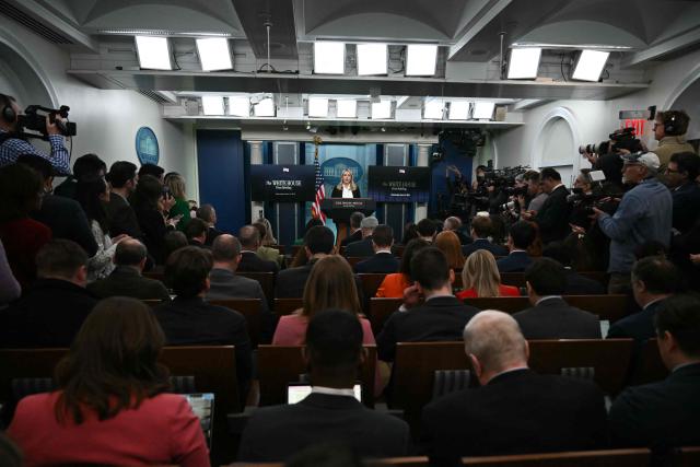 White House Press Secretary Karoline Leavitt speaks during a briefing in the Brady Briefing Room of the White House in Washington, DC, on March 4, 2026. (Photo by ANDREW CABALLERO-REYNOLDS / AFP)