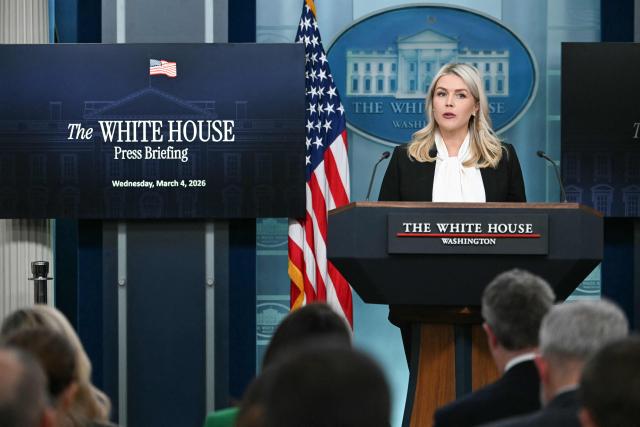 White House Press Secretary Karoline Leavitt speaks during a press briefing in the Brady Briefing Room of the White House in Washington, DC, on March 4, 2026. (Photo by ANDREW CABALLERO-REYNOLDS / AFP)