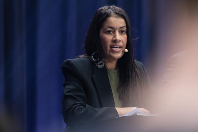 French leftist party La France Insoumise (LFI) candidate for mayor of Lille, Lahouaria Addouche takes part in a debate broadcasted by French TV channel France 3 Nord-Pas-de-Calais between the main candidates for France's upcoming municipal elections in the city of Lille, in Lille northern France, on March 4, 2026. French voters head to the polls for municipal elections on March 15 and 22, 2026. (Photo by Sameer Al-DOUMY / AFP)