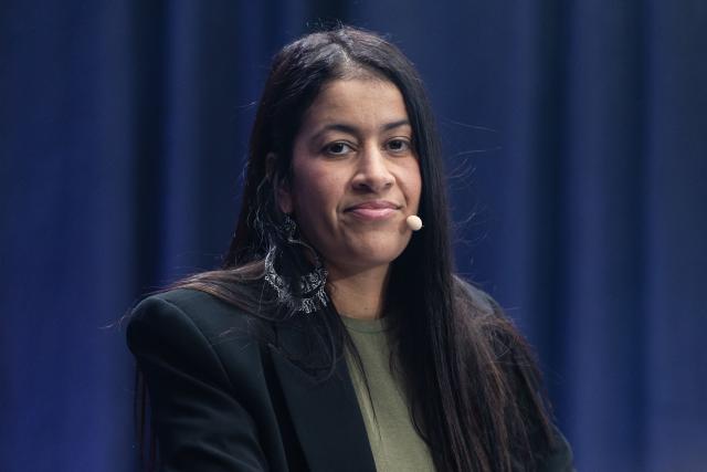French leftist party La France Insoumise (LFI) candidate for mayor of Lille, Lahouaria Addouche takes part in a debate broadcasted by French TV channel France 3 Nord-Pas-de-Calais between the main candidates for France's upcoming municipal elections in the city of Lille, in Lille northern France, on March 4, 2026. French voters head to the polls for municipal elections on March 15 and 22, 2026. (Photo by Sameer Al-DOUMY / AFP)