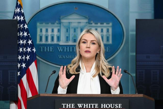 White House Press Secretary Karoline Leavitt speaks during a press briefing in the Brady Briefing Room of the White House in Washington, DC, on March 4, 2026. President Donald Trump will attend a ceremony marking the return of American troops killed during the war on Iran, Leavitt said Wednesday. (Photo by ANDREW CABALLERO-REYNOLDS / AFP)