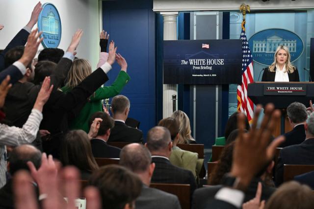 White House Press Secretary Karoline Leavitt speaks during a press briefing in the Brady Briefing Room of the White House in Washington, DC, on March 4, 2026. President Donald Trump will attend a ceremony marking the return of American troops killed during the war on Iran, Leavitt said Wednesday. (Photo by ANDREW CABALLERO-REYNOLDS / AFP)
