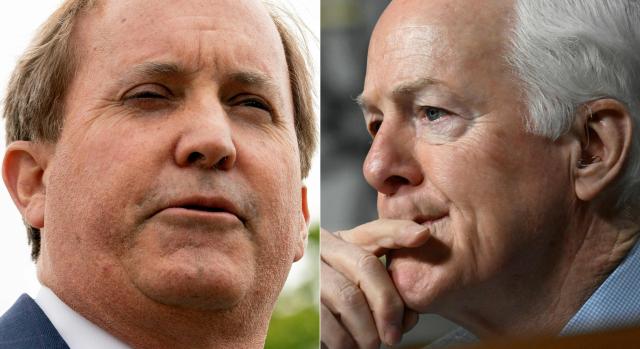 (COMBO) This combination of pictures created on March 04, 2026 shows, L/R, Texas Attorney General Ken Paxton in Washington, DC, on April 26, 2022 and US Senator John Cornyn, Republican of Texas, in Washington, DC, on January 31, 2024. A bruising Texas Republican primary is advancing to a runoff vote, laying bare the struggle for control of US President Donald Trump's party as the 2026 midterms began on March 3, 2026, while Democrats sparred over their own direction. The headline contest pitted four-term Republican Senator John Cornyn against Texas Attorney General Ken Paxton, a staunch Trump ally who has built a loyal following -- despite years of ethics controversies and a 2023 impeachment trial -- by channeling anti-Washington anger. (Photo by Stefani Reynolds and ANDREW CABALLERO-REYNOLDS / AFP)