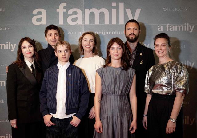 Dutch actress Carice van Houten, director Mees Peijenburg, actors Finn Vogels, Pieter Embrechts and actress Celeste Holsheimer pose on the red carpet at the premiere of Mees Peijnenburg's A Family at Eye Film Museum in Amsterdam on March 4, 2026. (Photo by Ramon van Flymen / ANP / AFP) / Netherlands OUT