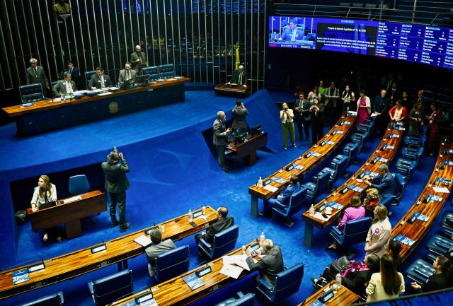This general view shows the plenary of the Brazilian Senate during a session to vote on the approval of the free trade agreement between Mercosur and the European Union, in Brasilia on March 4, 2026. (Photo by Evaristo Sa / AFP)