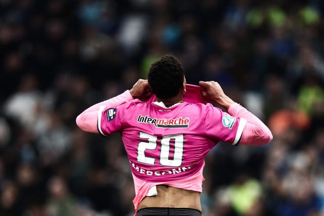 Toulouse's Brazilian forward #20 Emersonn reacts during the French Cup quarter final football match between Olympique de Marseille (OM) and Toulouse FC at the Stade Velodrome stadium in Marseille, southern France on March 4, 2026. (Photo by Thibaud MORITZ / AFP)