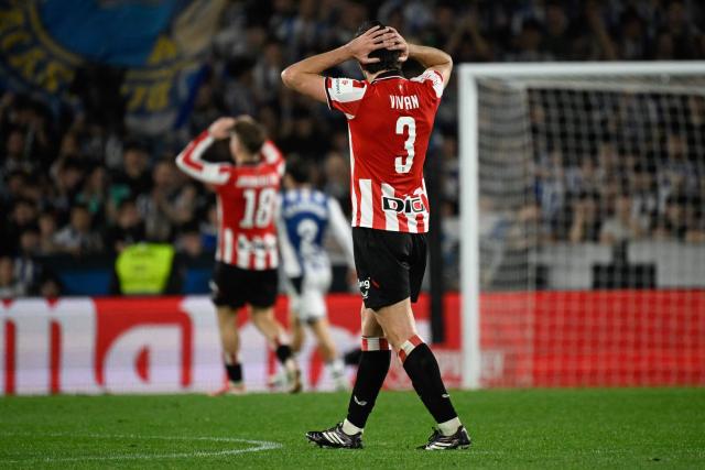 Athletic Bilbao's Spanish defender #03 Dani Vivian gestures during the Copa del Rey (King's Cup) semi final second leg football match between Real Sociedad and Athletic Club Bilbao at thep Anoeta Stadium in San Sebastian on March 4, 2026. (Photo by ANDER GILLENEA / AFP)
