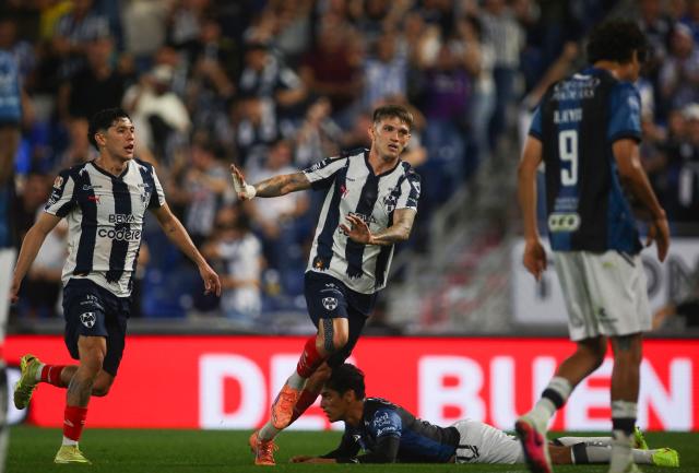 Monterrey's Argentine forward #11 Luca Orellano (C) celebrates after scoring his team's first goal during the Liga MX Clausura match between Monterrey and Queretaro at BBVA Stadium at Monterrey, Mexico, on March 4, 2026. (Photo by Julio Cesar AGUILAR / AFP)