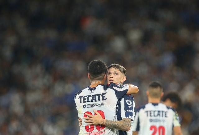 Monterrey's Argentine forward #11 Luca Orellano (R) celebrates with teammate Argentine midfielder #30 Jorge Rodriguez after scoring his team's first goal during the Liga MX Clausura match between Monterrey and Queretaro at BBVA Stadium at Monterrey, Mexico, on March 4, 2026. (Photo by Julio Cesar AGUILAR / AFP)