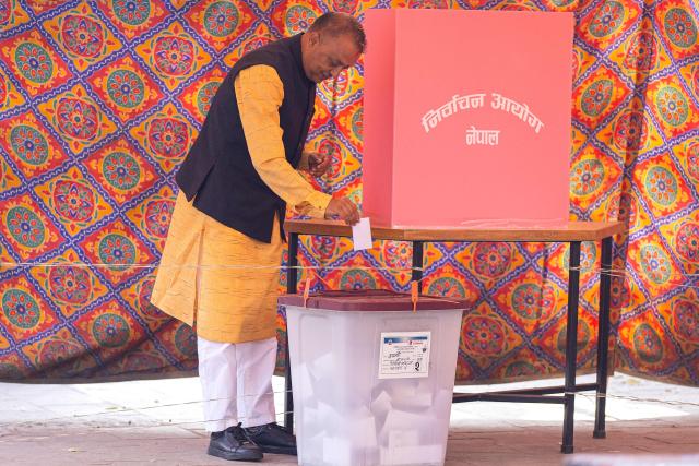 Nepali Congress party's president and candidate Gagan Thapa casts his ballot at a polling station during Nepal's parliamentary election in Kathmandu on March 5, 2026. Nepal voted on March 5 for a new parliament in a high-stakes showdown between an entrenched old guard and a powerful youth movement, six months after deadly anti-corruption protests toppled the government. (Photo by PRABIN RANABHAT / AFP)