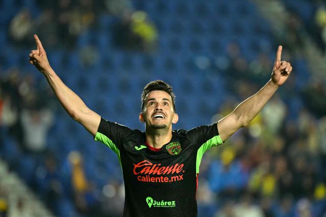 Juarez's Brazilian midfielder #08 Guilherme Castilho celebrates scoring his team's second goal during the Liga MX Clausura match between America and Juarez at Ciudad de los Deportes Stadium in Mexico City on March 4, 2026. (Photo by Yuri CORTEZ / AFP)